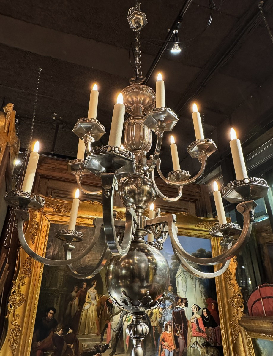 Neo-gothic Style Chandelier12 Lights On 2 Levels In Nickel-plated Patinated Bronze, Early 20th Century