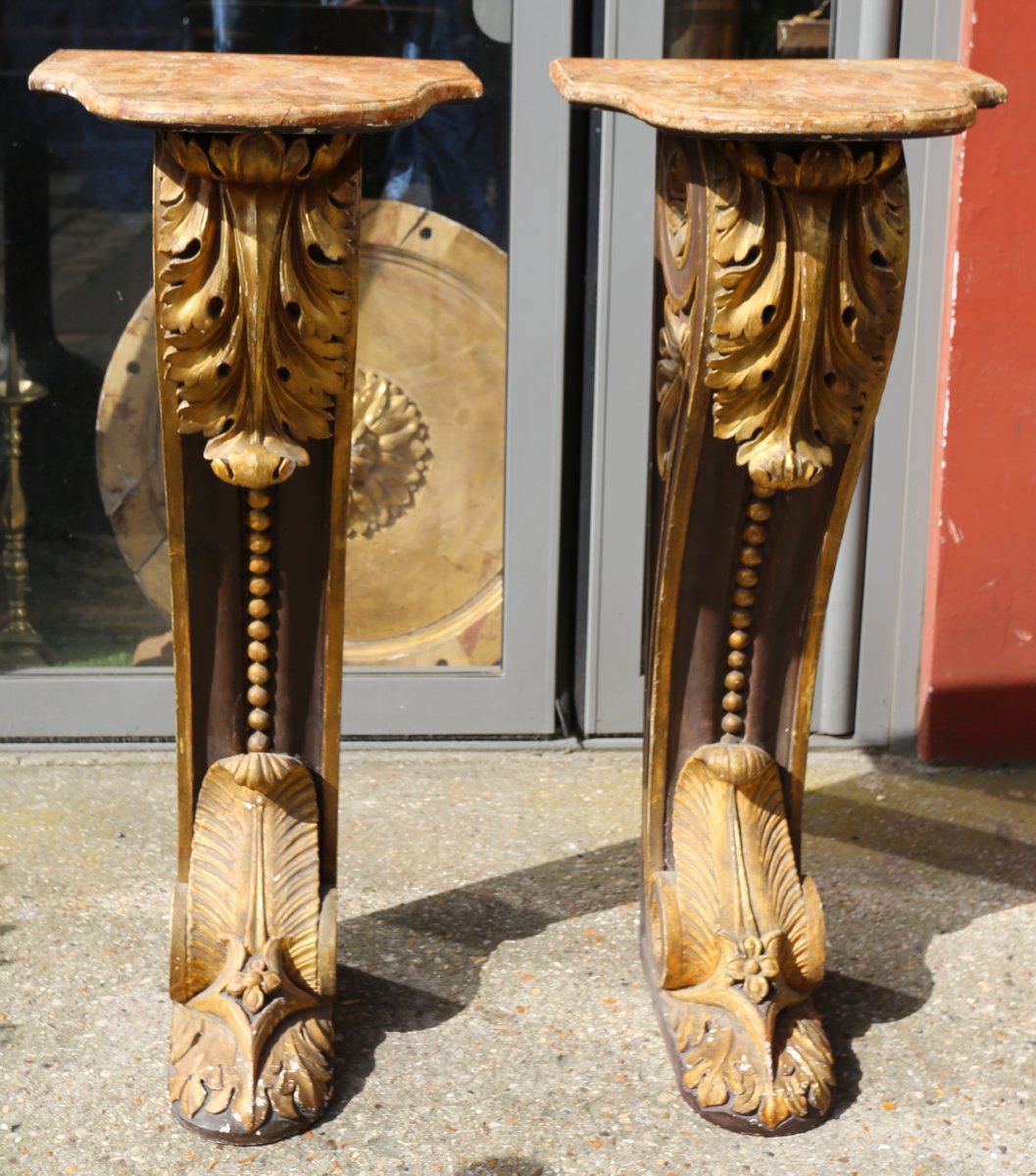 Paire de colonnes murales en bois sculpté doré et laqué époque XVIIIème-photo-2