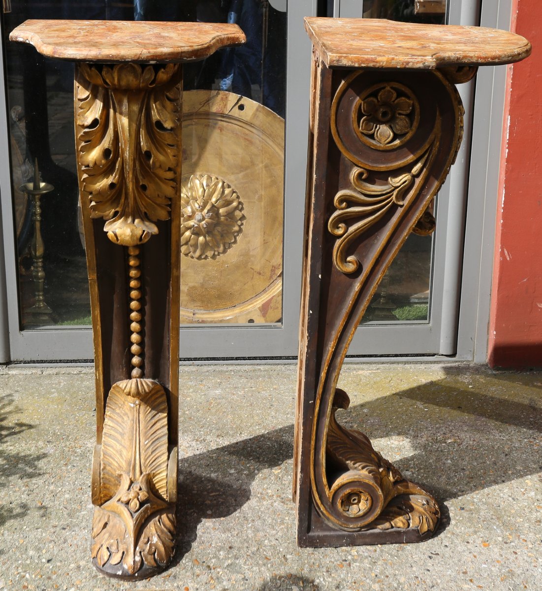 Paire de colonnes murales en bois sculpté doré et laqué époque XVIIIème-photo-3