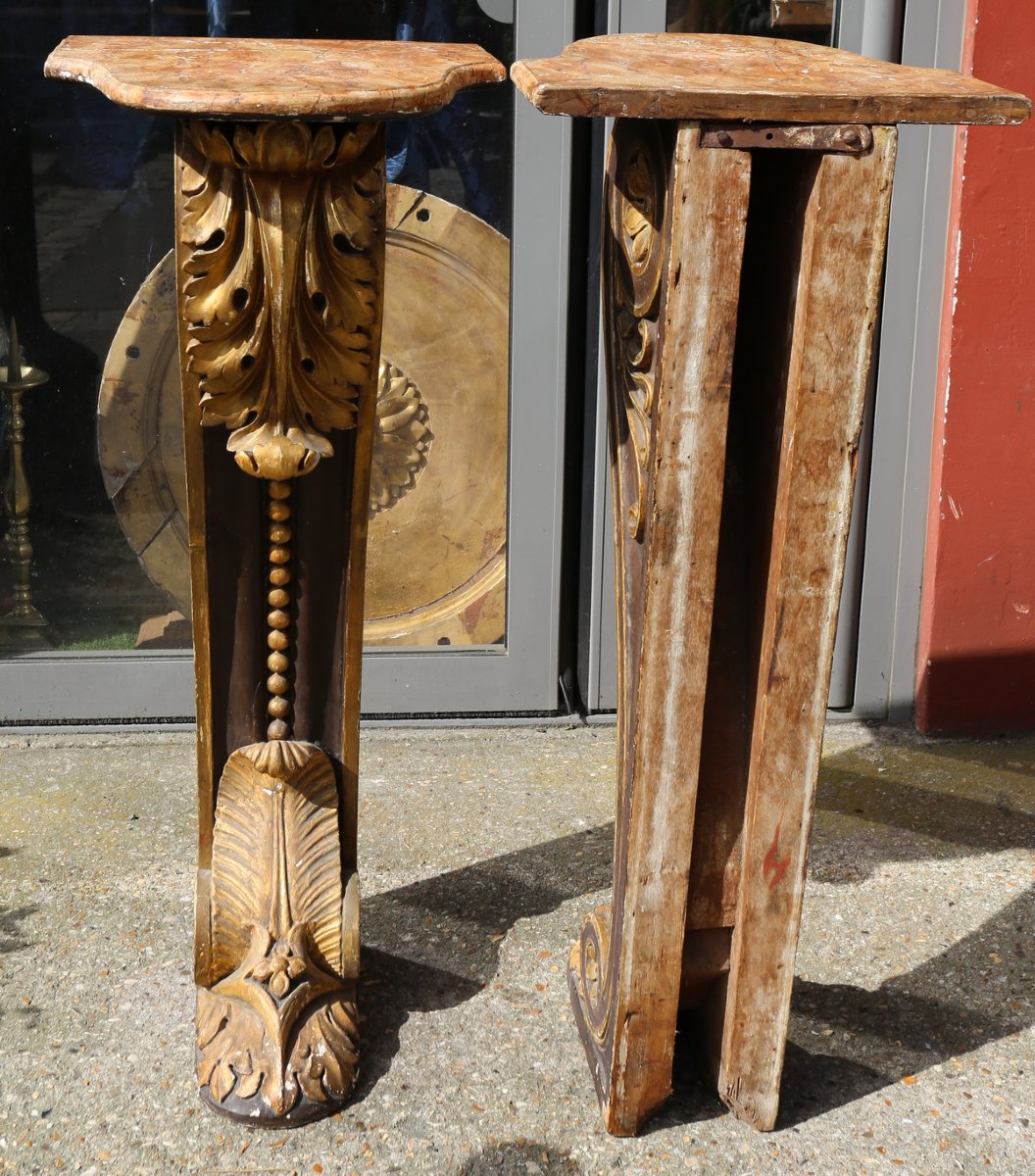 Paire de colonnes murales en bois sculpté doré et laqué époque XVIIIème-photo-4