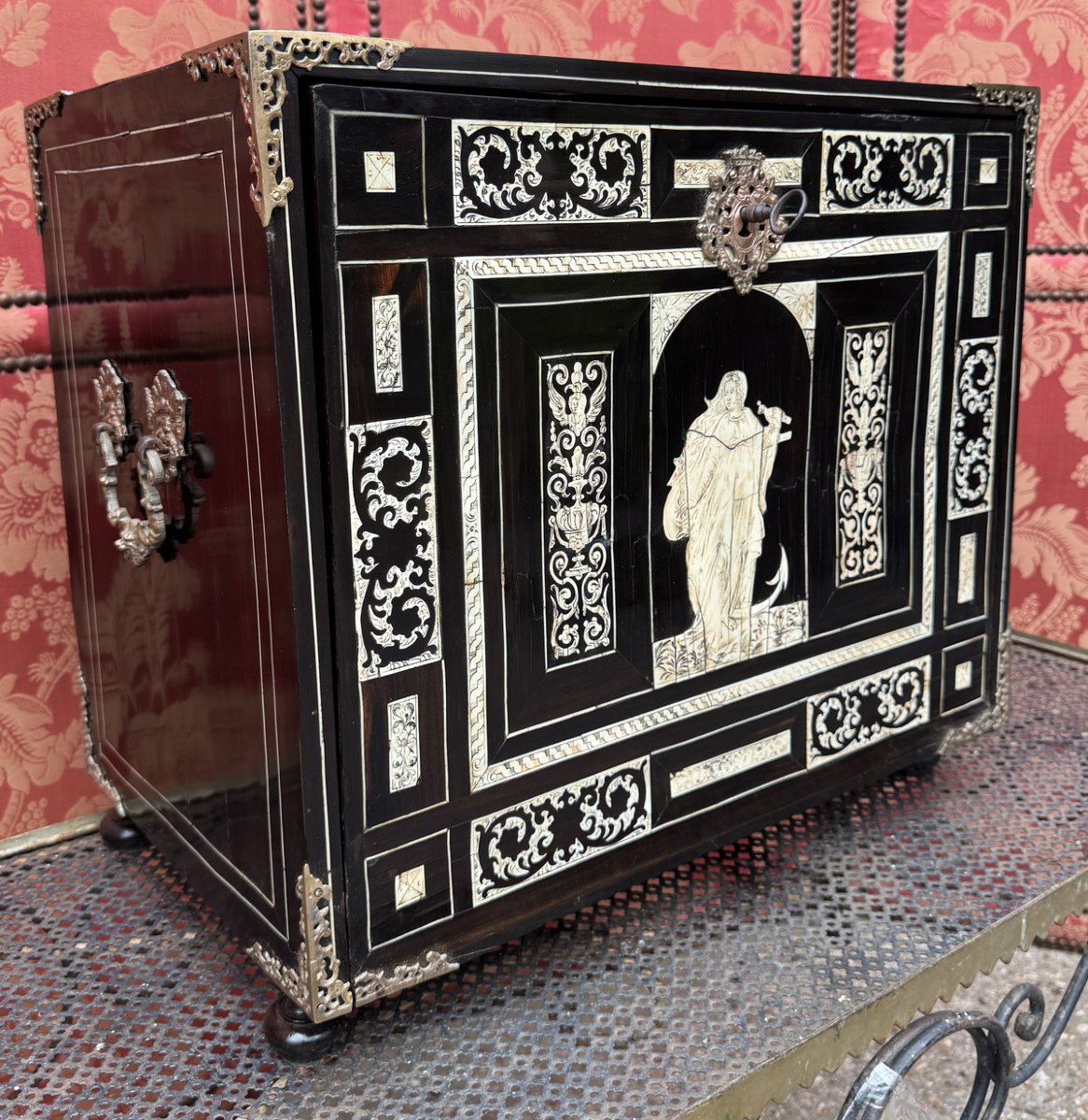 Late 17th-century Italy; A Small Cabinet Made Of Ivory And Ebony Veneer, With A Drop-down Lid.-photo-2