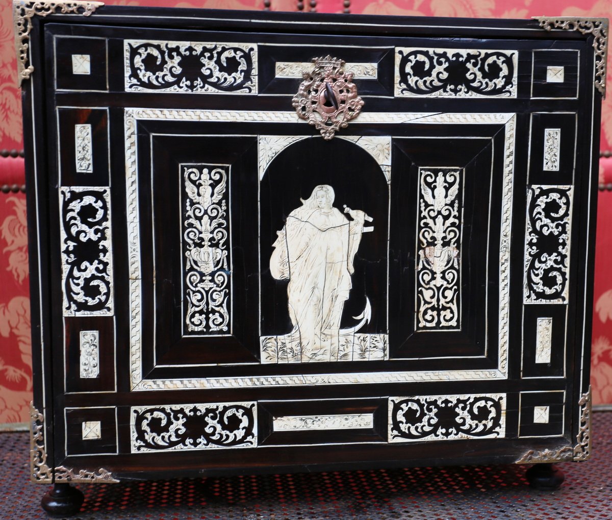 Late 17th-century Italy; A Small Cabinet Made Of Ivory And Ebony Veneer, With A Drop-down Lid.
