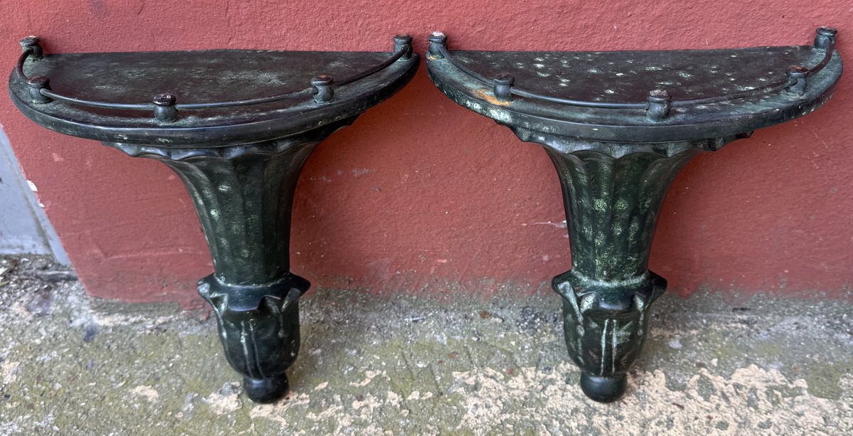 Pair Of Small Wall-mounted Consoles In Patinated Bronze, Early 20th-century Neoclassical Style-photo-2
