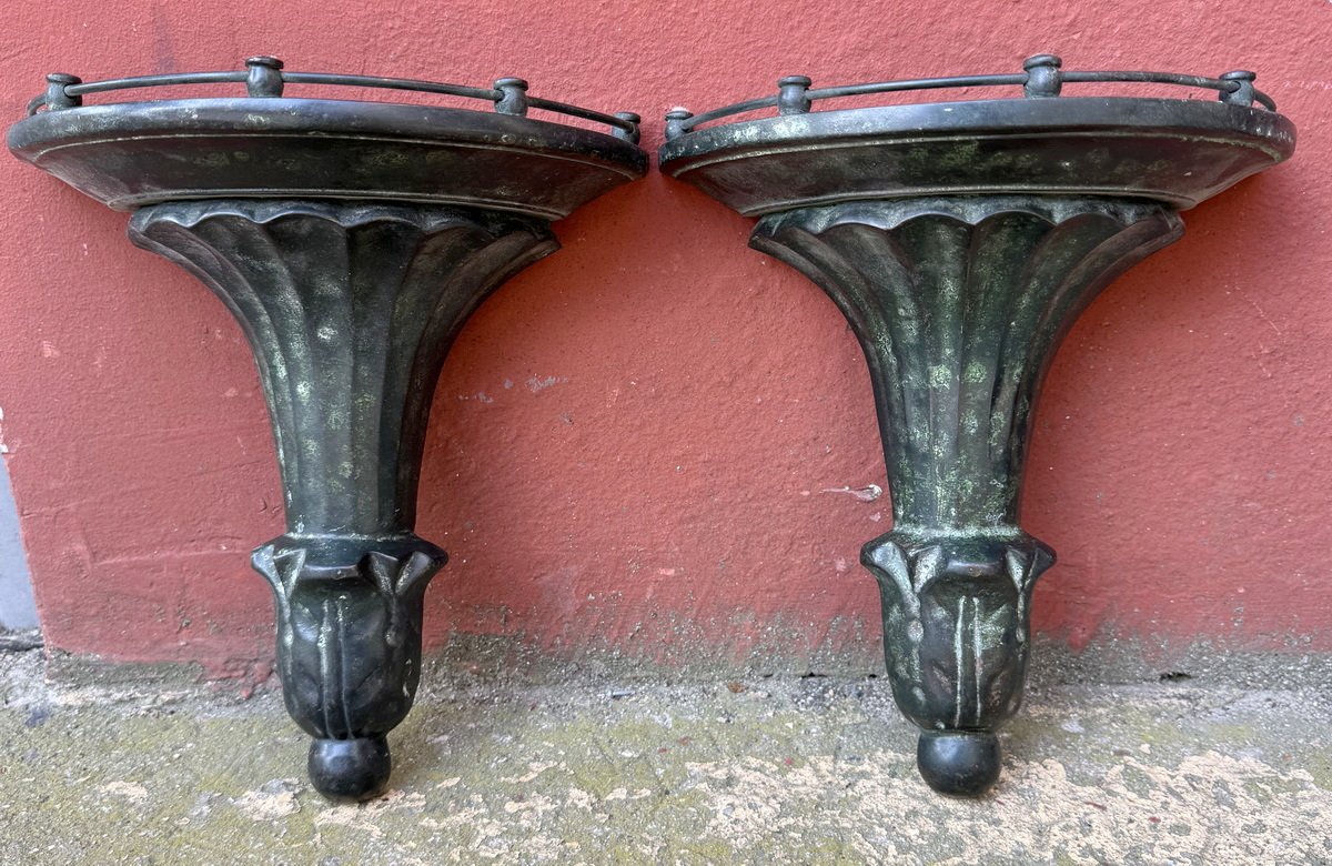 Pair Of Small Wall-mounted Consoles In Patinated Bronze, Early 20th-century Neoclassical Style