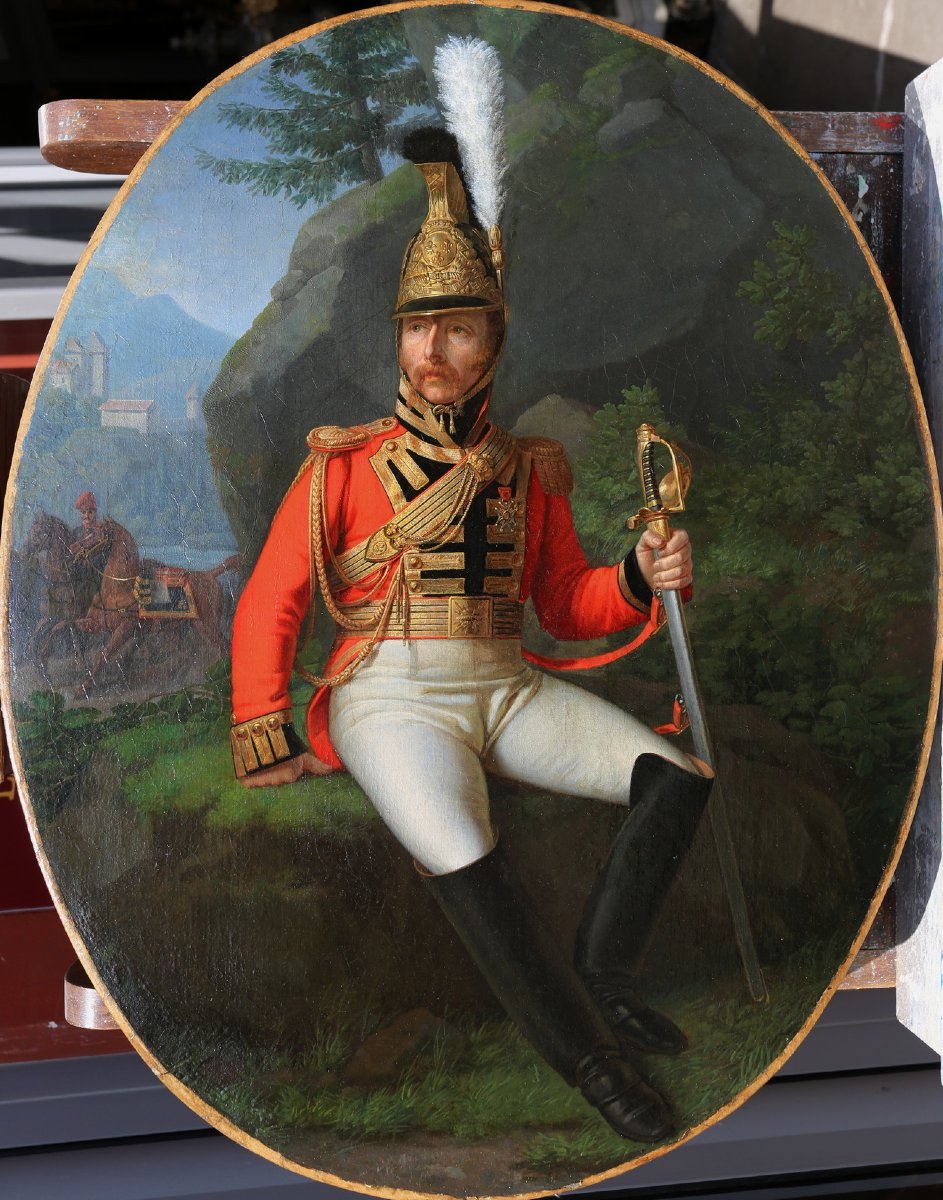 Ec Française vers 1815 , portrait de gendarme en grand uniforme, maison militaire du roi.-photo-2