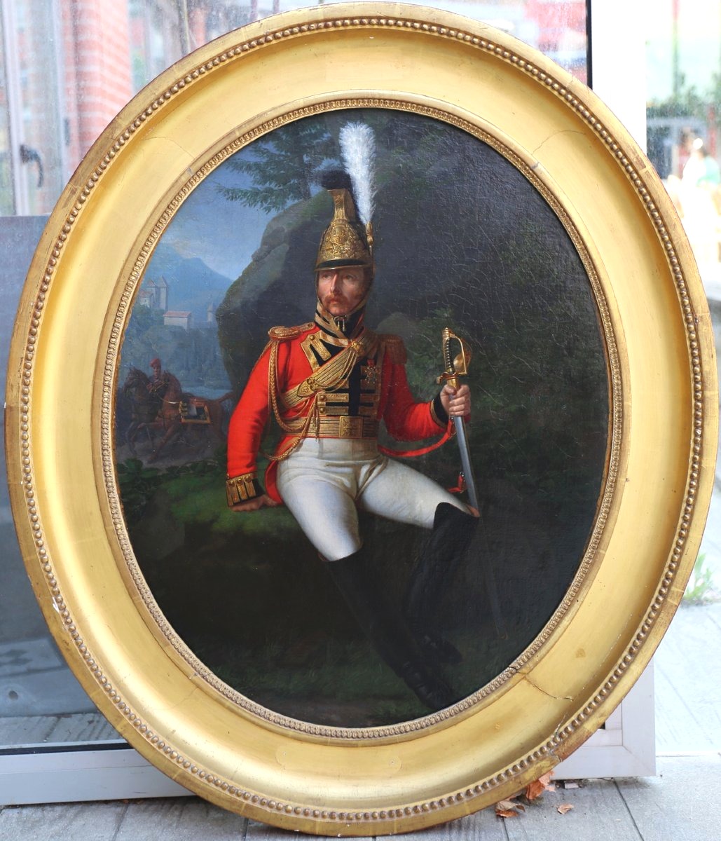 Ec Française vers 1815 , portrait de gendarme en grand uniforme, maison militaire du roi.