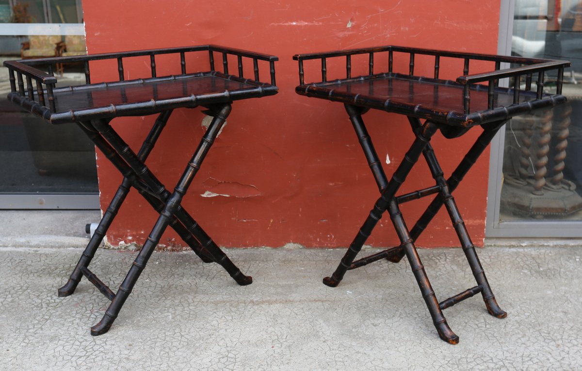 Perret et Vibert vers 1960 paire de tables dessertes pliantes de style bambou .-photo-3