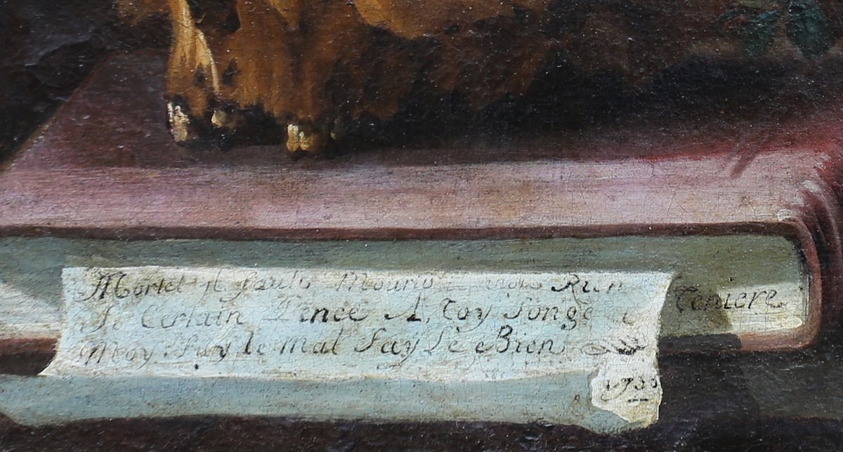 Teniere, Active In The 18th Century; A Vanitas Painting Featuring A Skull, A Book, And Flowers, Signed “tenière” And Dated 1735-photo-3
