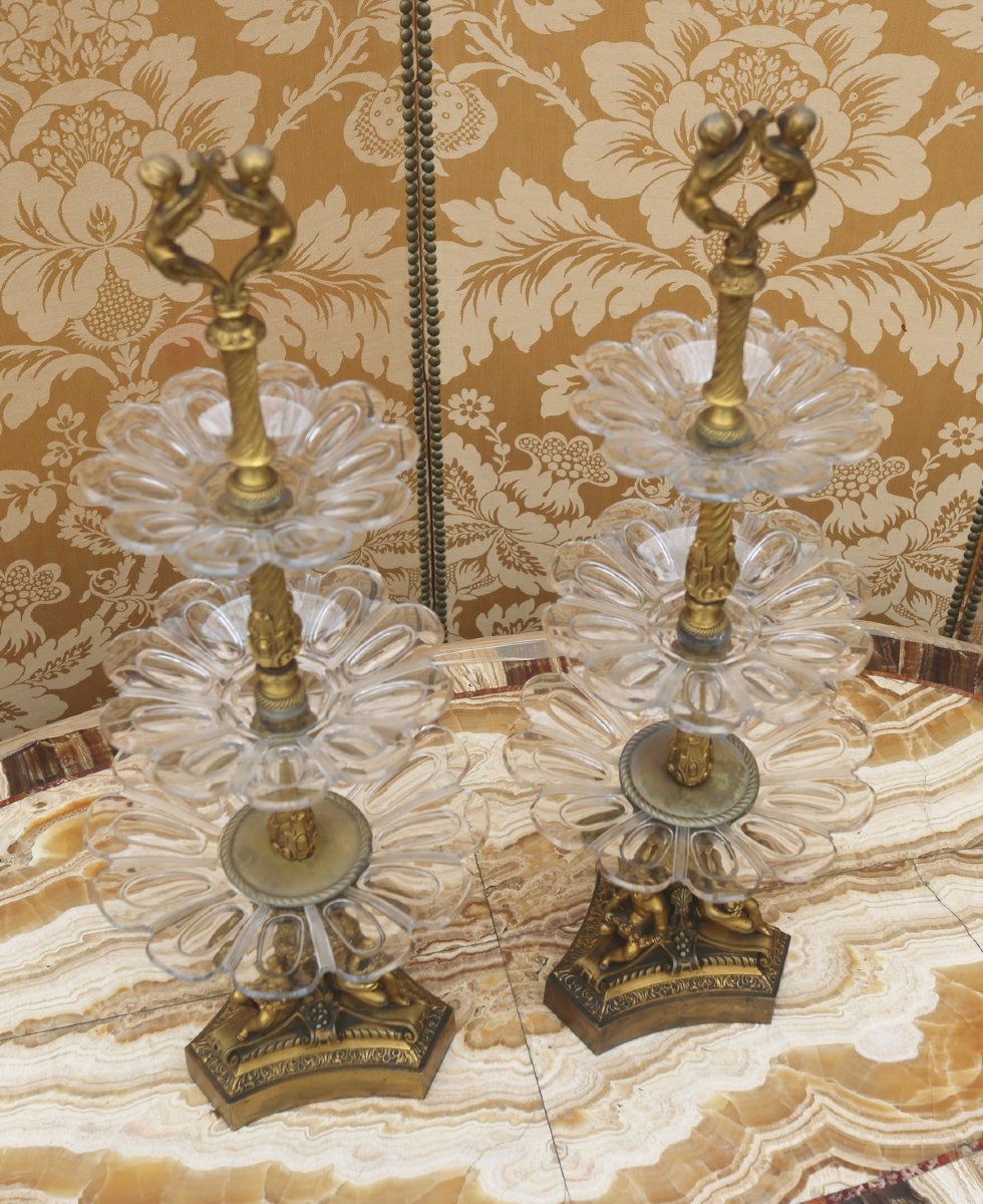 Pair Of Antique Gilt-bronze And Cut-glass Cookie Bowls. Restored.-photo-2