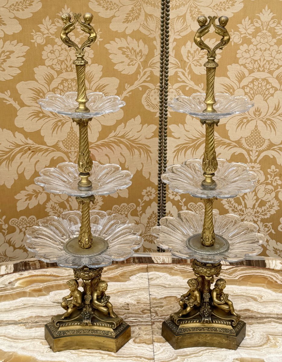 Pair Of Antique Gilt-bronze And Cut-glass Cookie Bowls. Restored.