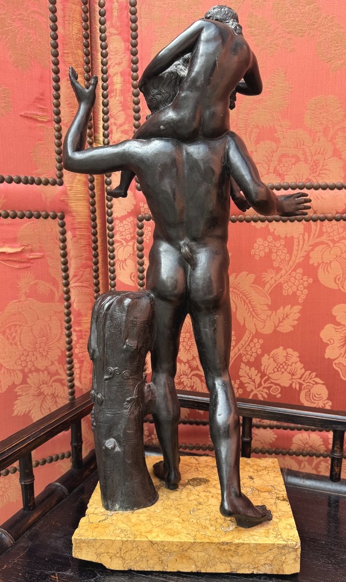 Based On The Ancient "satyr And Dionysus As A Child," A Patinated Bronze Group, Naples, 19th Century-photo-2