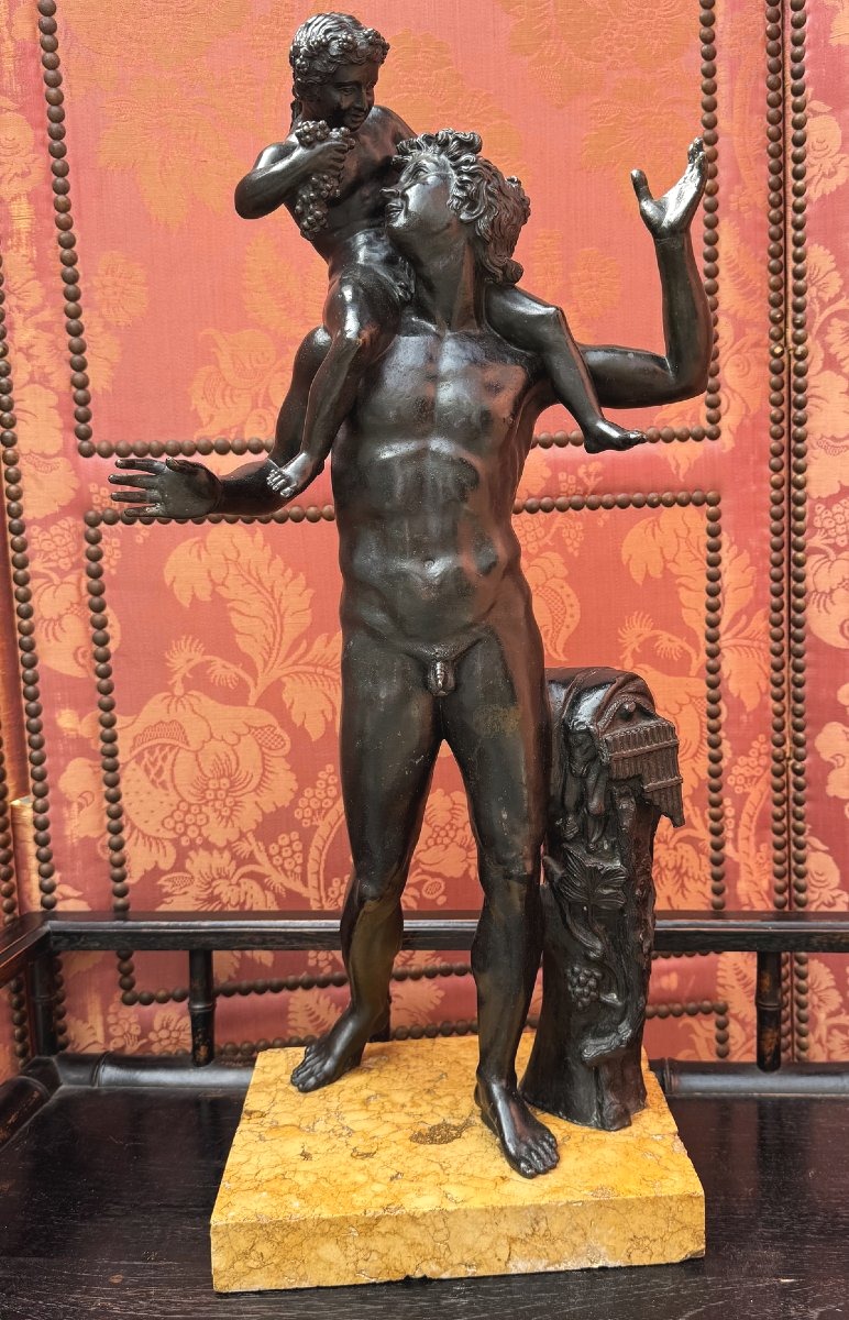 Based On The Ancient "satyr And Dionysus As A Child," A Patinated Bronze Group, Naples, 19th Century
