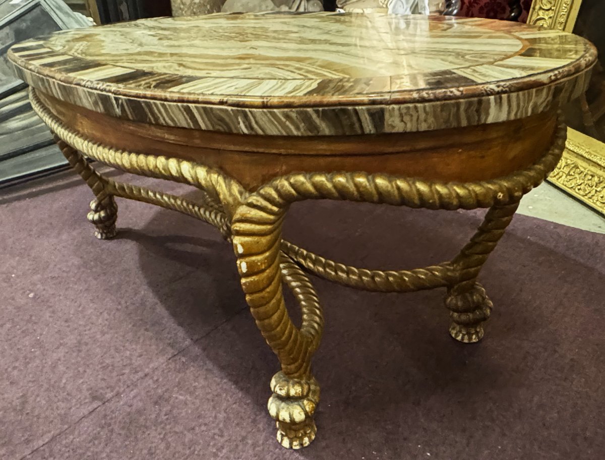 Table basse en bois doré décor de cordage noué, plateau plaqué onyx, Italie début XX-photo-3