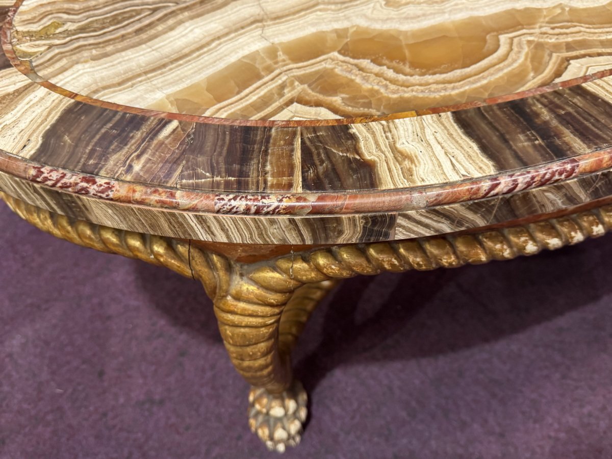 Table basse en bois doré décor de cordage noué, plateau plaqué onyx, Italie début XX-photo-4