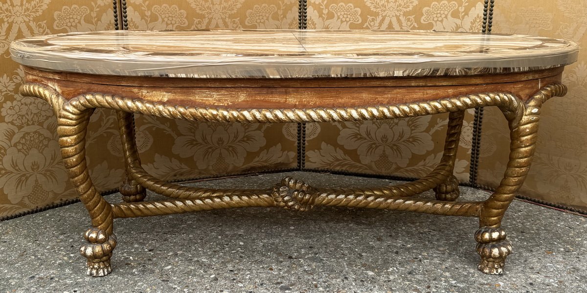 Table basse en bois doré décor de cordage noué, plateau plaqué onyx, Italie début XX-photo-2