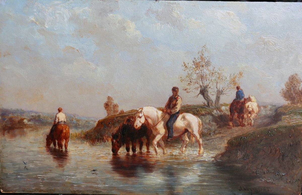 Jules Jacques Veyrassat 1828–1893 Horses Crossing A Ford, Oil On Panel, Ca. 1880 -photo-2