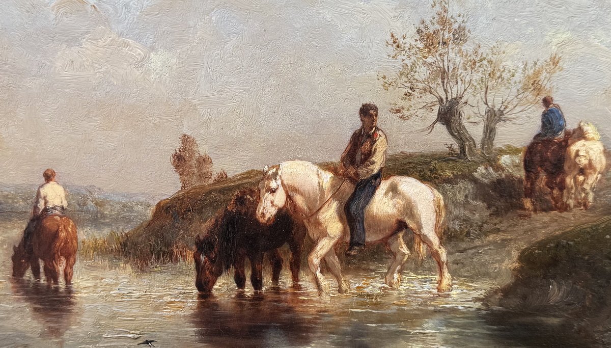 Jules Jacques Veyrassat 1828–1893 Horses Crossing A Ford, Oil On Panel, Ca. 1880 -photo-4