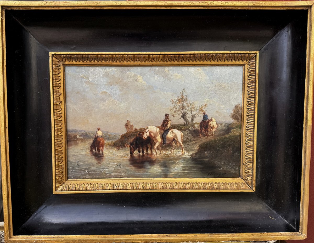 Jules Jacques Veyrassat 1828–1893 Horses Crossing A Ford, Oil On Panel, Ca. 1880 