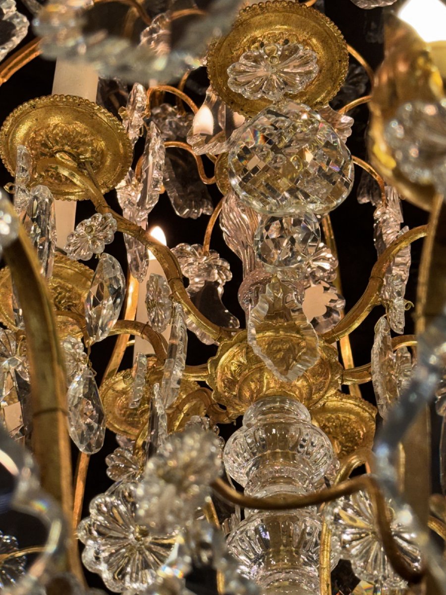 Paire de grands lustres cage style Louis XV, bronze et cristaux, à 12 bras de lumières.-photo-4