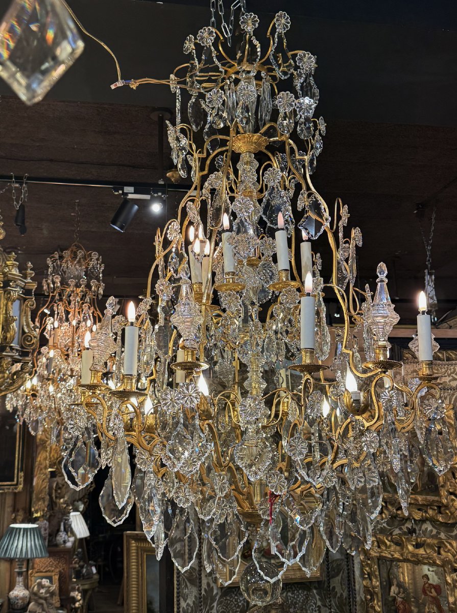 Paire de grands lustres cage style Louis XV, bronze et cristaux, à 12 bras de lumières.