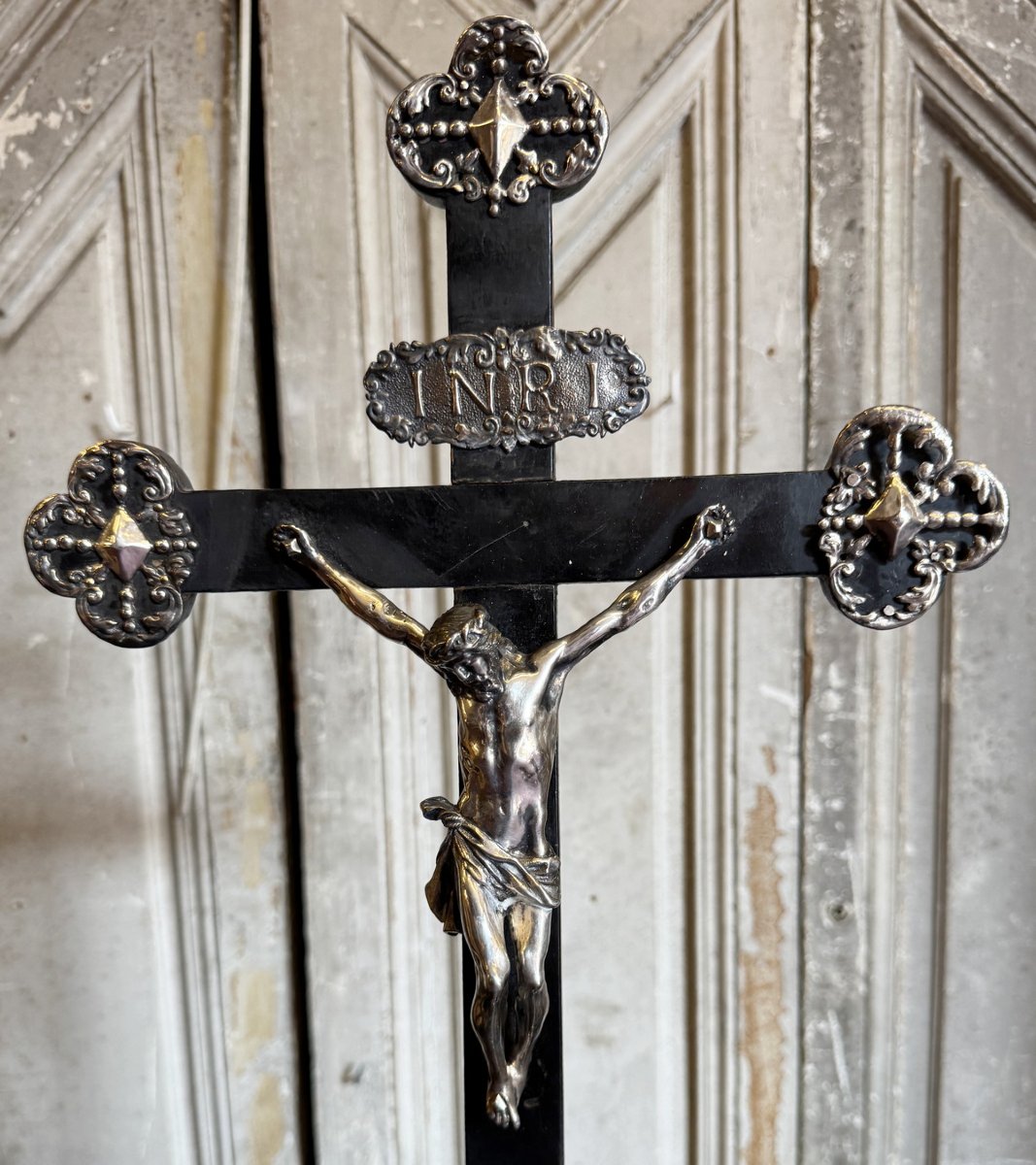 Basel, Ca. 1730; A Crucifix Made Of Silver And Blackened Wood In The Shape Of A Reliquary.-photo-2