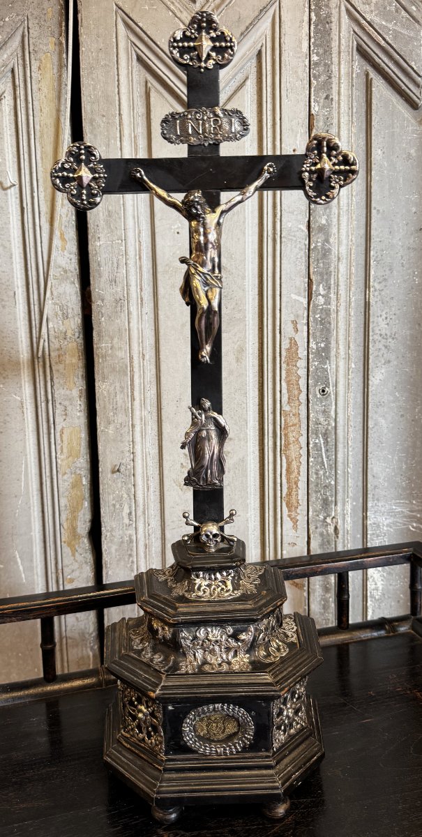 Basel, Ca. 1730; A Crucifix Made Of Silver And Blackened Wood In The Shape Of A Reliquary.
