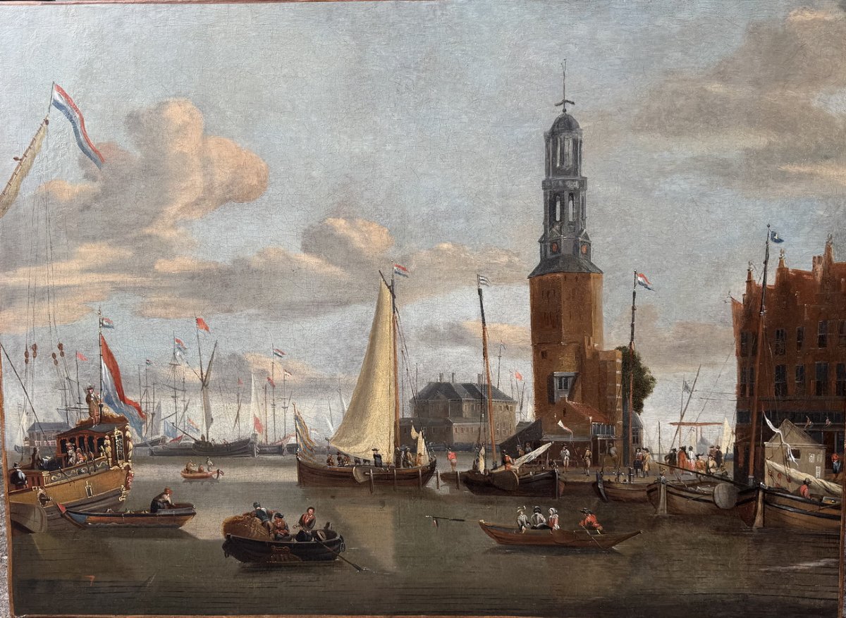 Jacobus STORCK 1641-1692 autour de,  vue du port d'Amsterdam, huile sur toile -photo-2