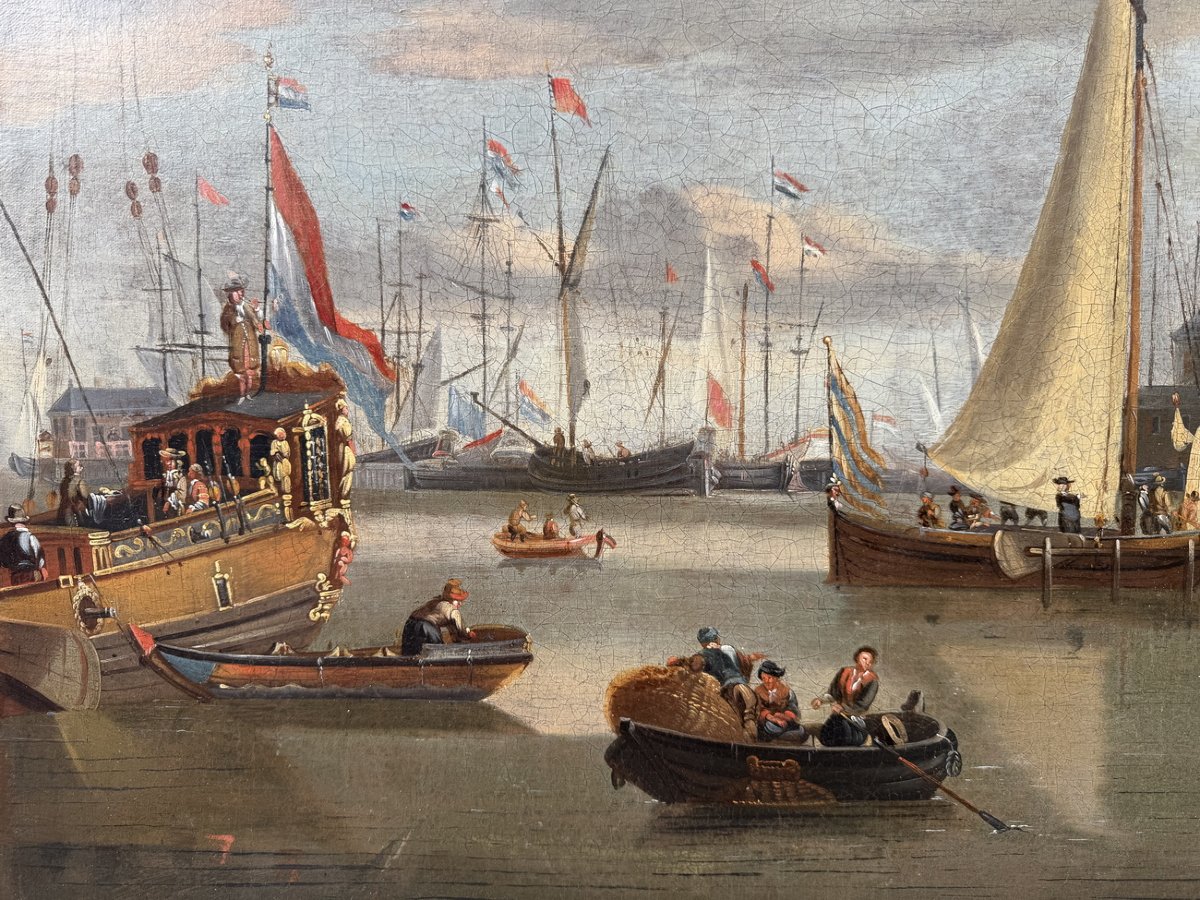 Jacobus STORCK 1641-1692 autour de,  vue du port d'Amsterdam, huile sur toile -photo-4