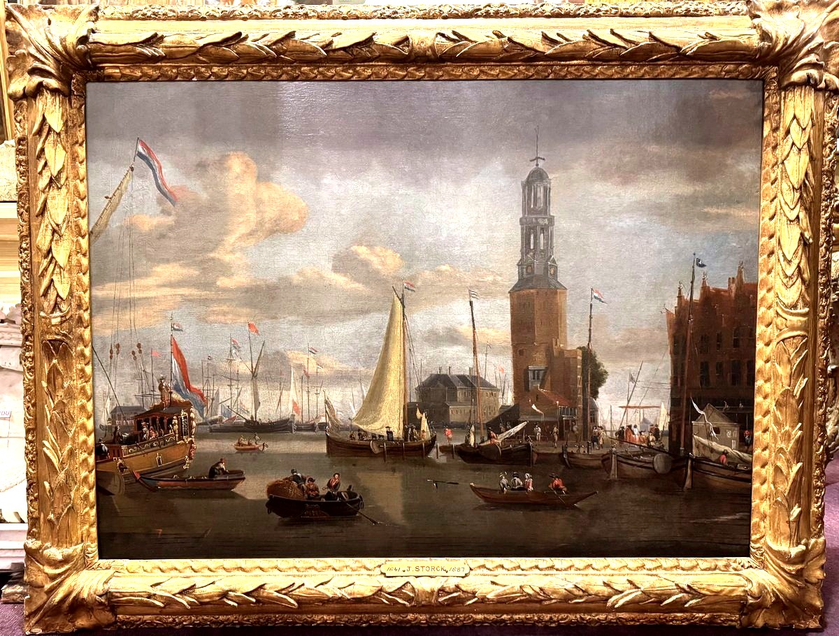 Jacobus STORCK 1641-1692 autour de,  vue du port d'Amsterdam, huile sur toile 