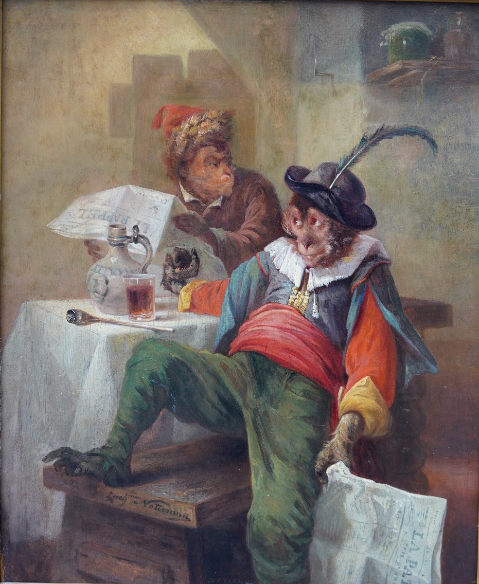 Zacharie Noterman, 1824–1890, *monkeys Reading Their Newspapers*, Oil On Mahogany Panel.-photo-2
