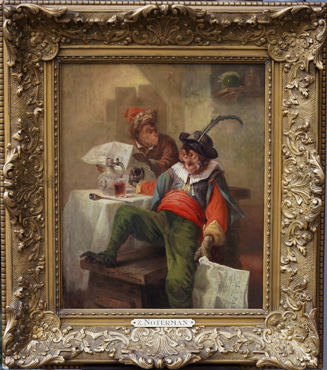 Zacharie Noterman, 1824–1890, *monkeys Reading Their Newspapers*, Oil On Mahogany Panel.