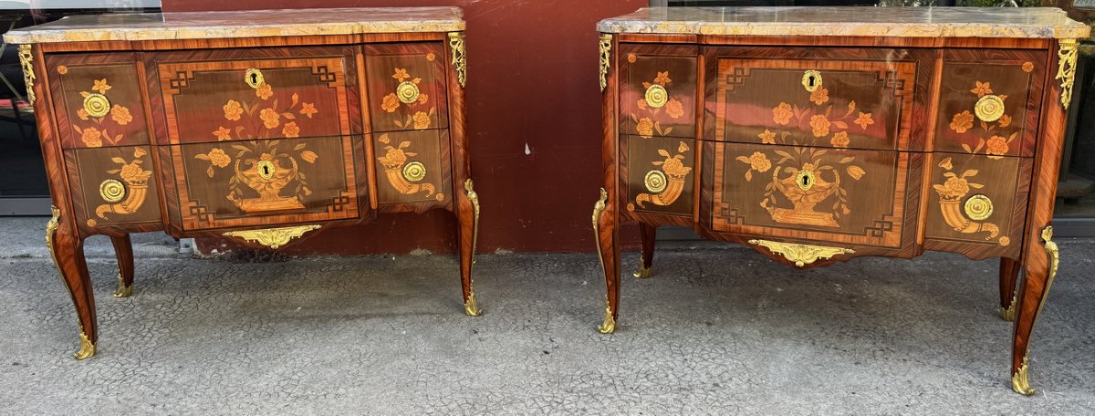 Jean GIRARDAU reçu maitre en 1738, paire de commodes Transition, marqueterie de fleurs -photo-3