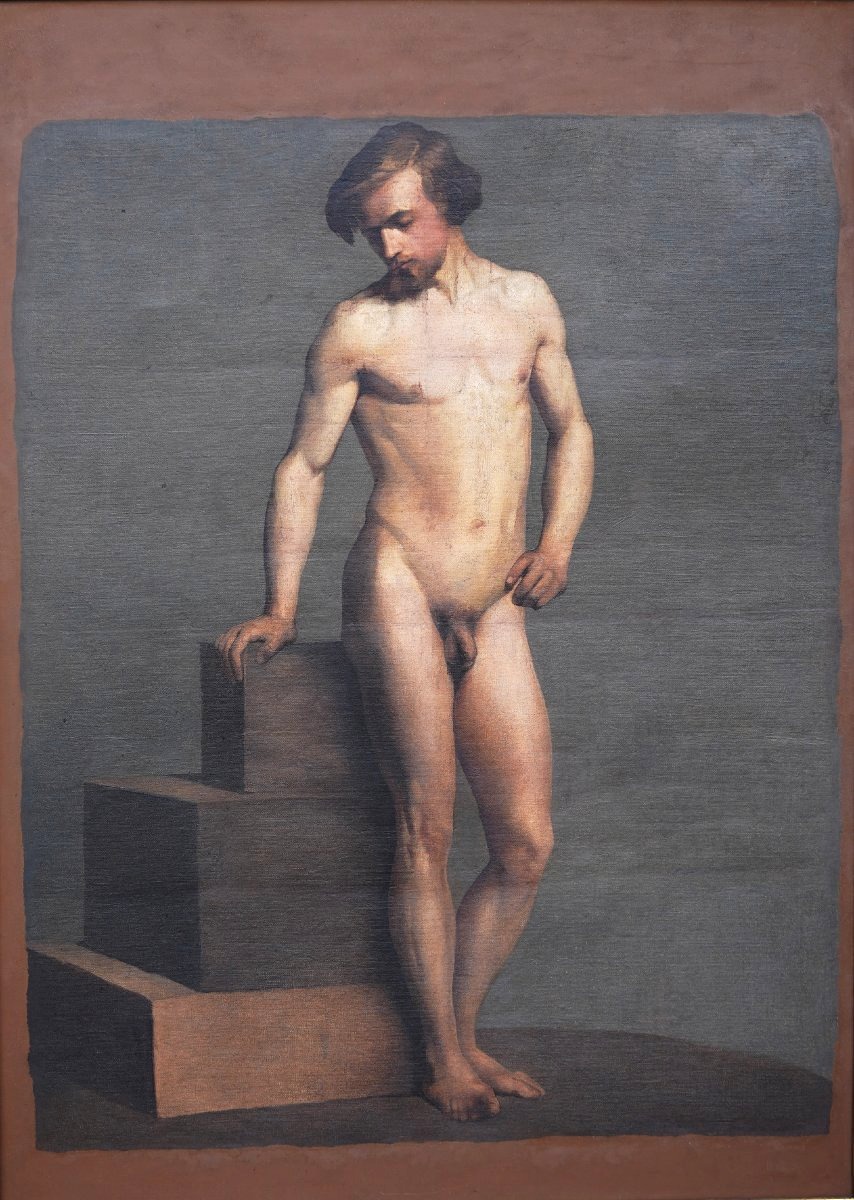 19th-century Italian School, Academic Study Of A Nude Man, Oil On Canvas, Circa 1870-photo-2