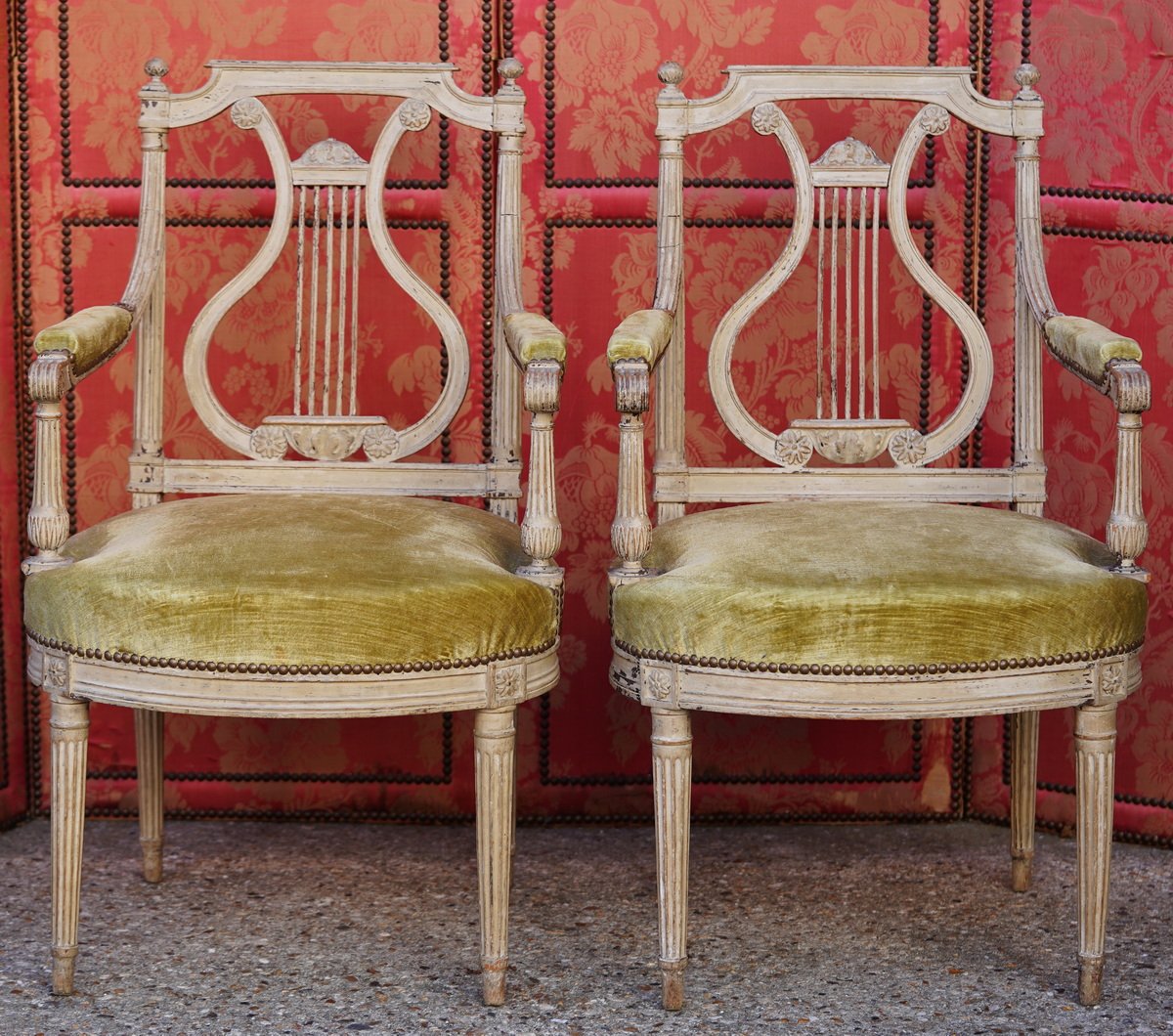 Pair Of Louis XVI-era Armchairs In Lacquered Wood, Jacob Model, With Lyre-shaped Backrest-photo-2