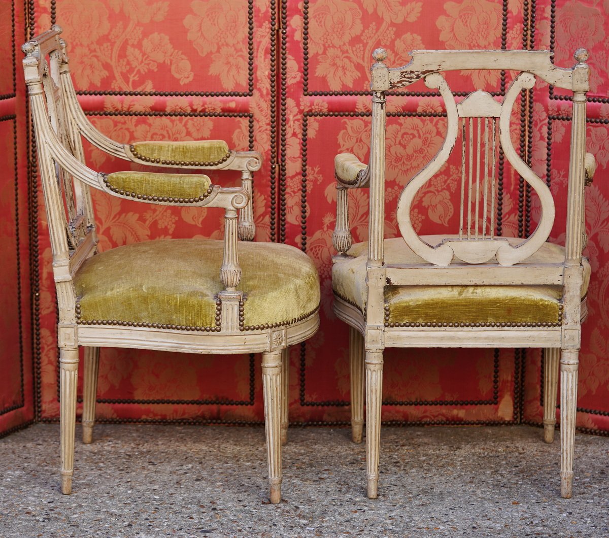 Pair Of Louis XVI-era Armchairs In Lacquered Wood, Jacob Model, With Lyre-shaped Backrest-photo-3