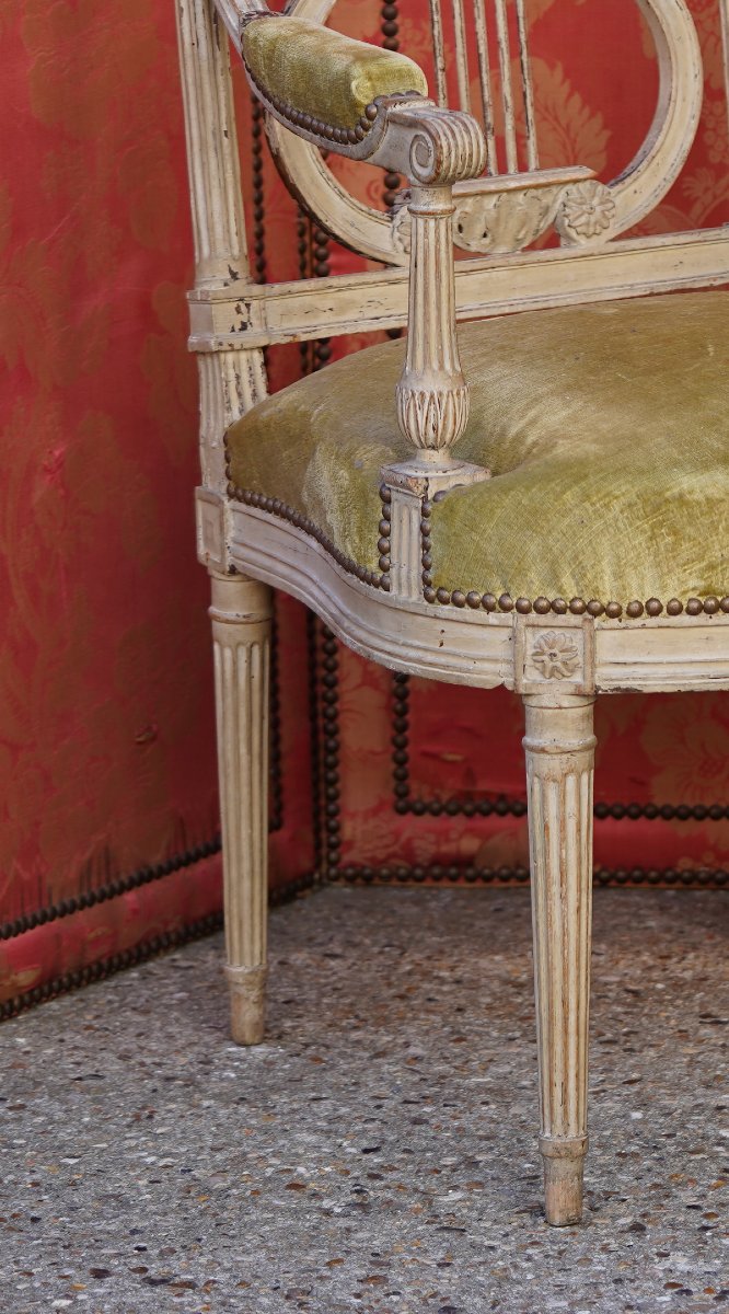 Pair Of Louis XVI-era Armchairs In Lacquered Wood, Jacob Model, With Lyre-shaped Backrest-photo-1