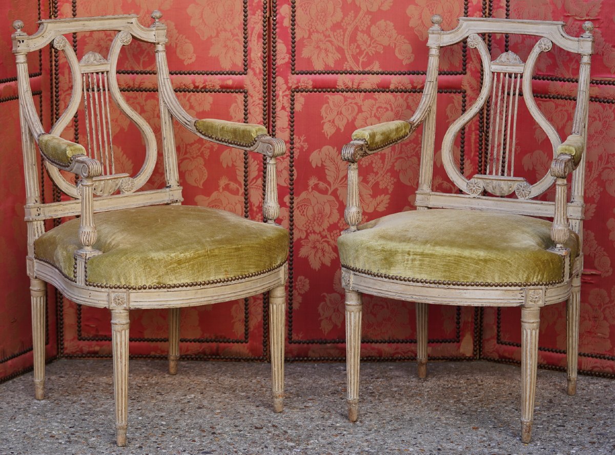Pair Of Louis XVI-era Armchairs In Lacquered Wood, Jacob Model, With Lyre-shaped Backrest