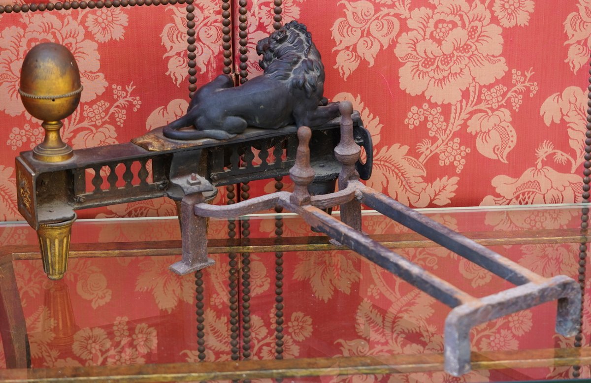 Pair Of Patinated And Gilded Bronze Andirons From The Louis XVI Period, Featuring Reclining, Roaring Lions.-photo-3