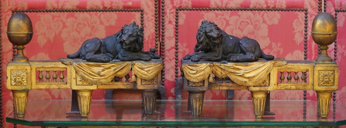Pair Of Patinated And Gilded Bronze Andirons From The Louis XVI Period, Featuring Reclining, Roaring Lions.