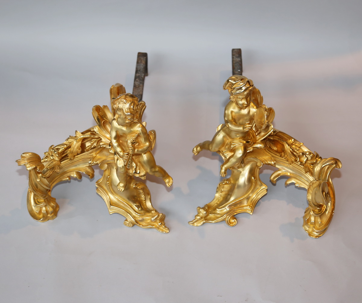Pair Of Andirons In Gilded Bronze Louis XV Style-photo-4