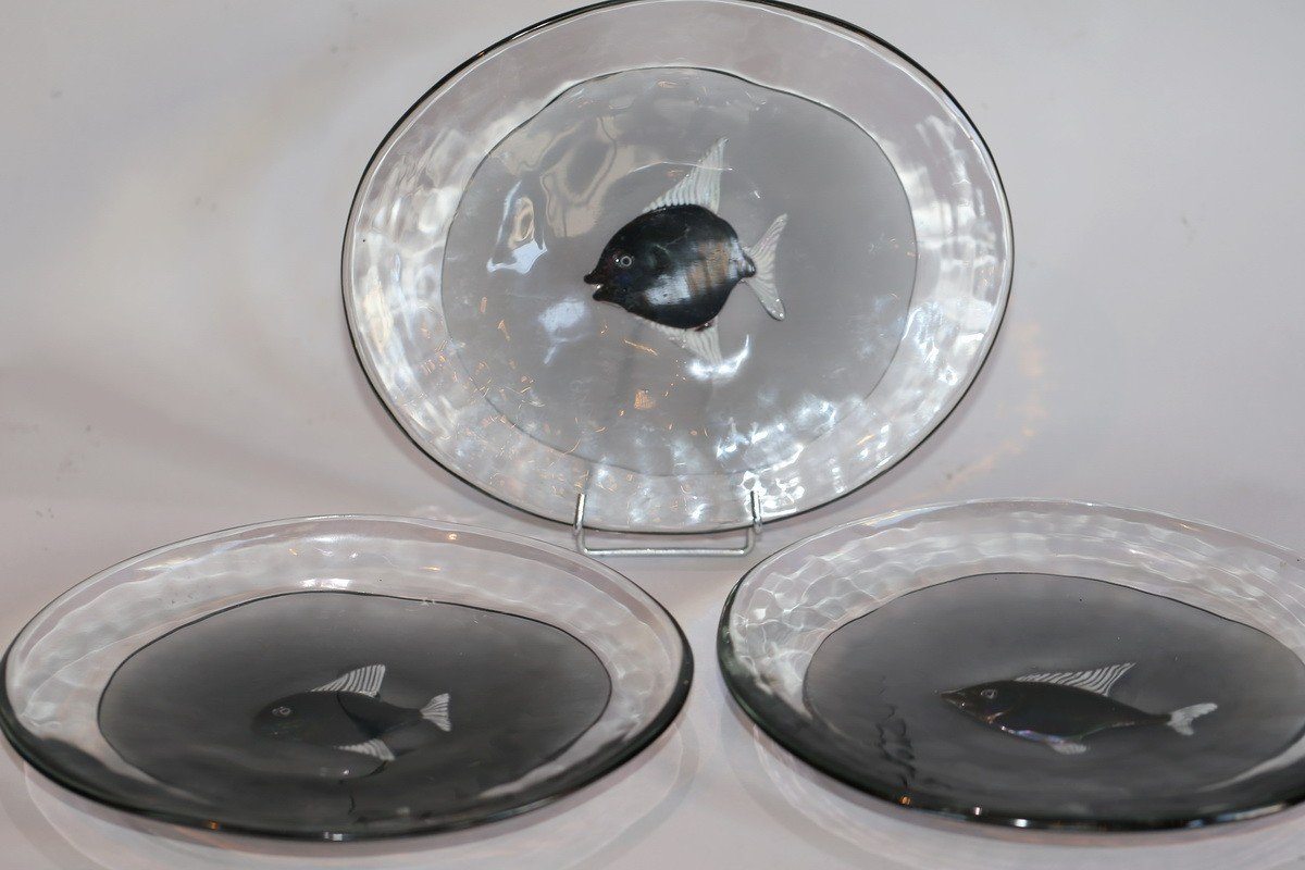 Alfredo Barbini (1912-2007) Suite Of 5 "fish" Dishes  In Murano Glass-photo-2