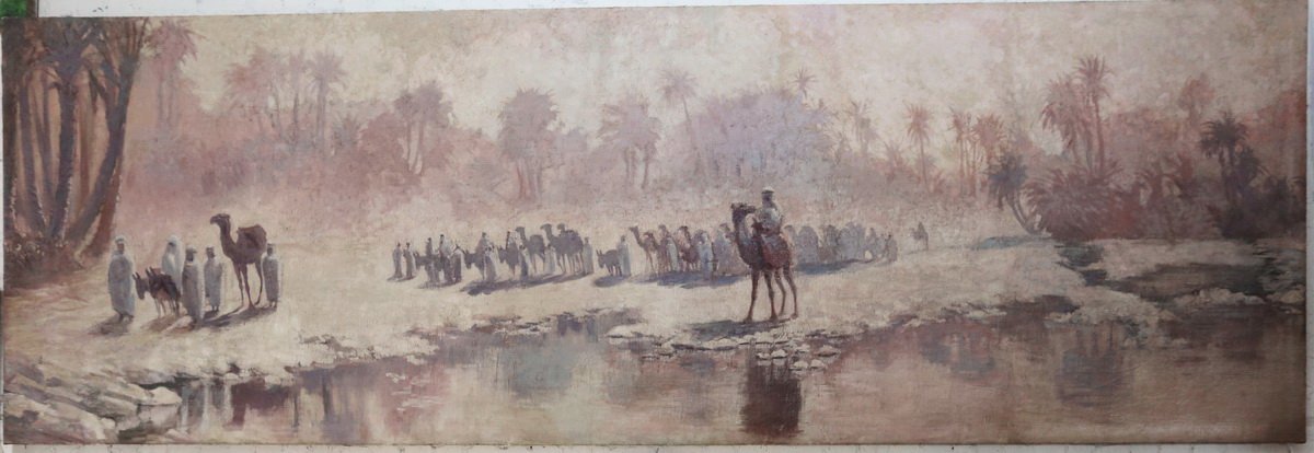 Orientalist School Early XXth, The Caravan, Very Important Panoramic Painting.