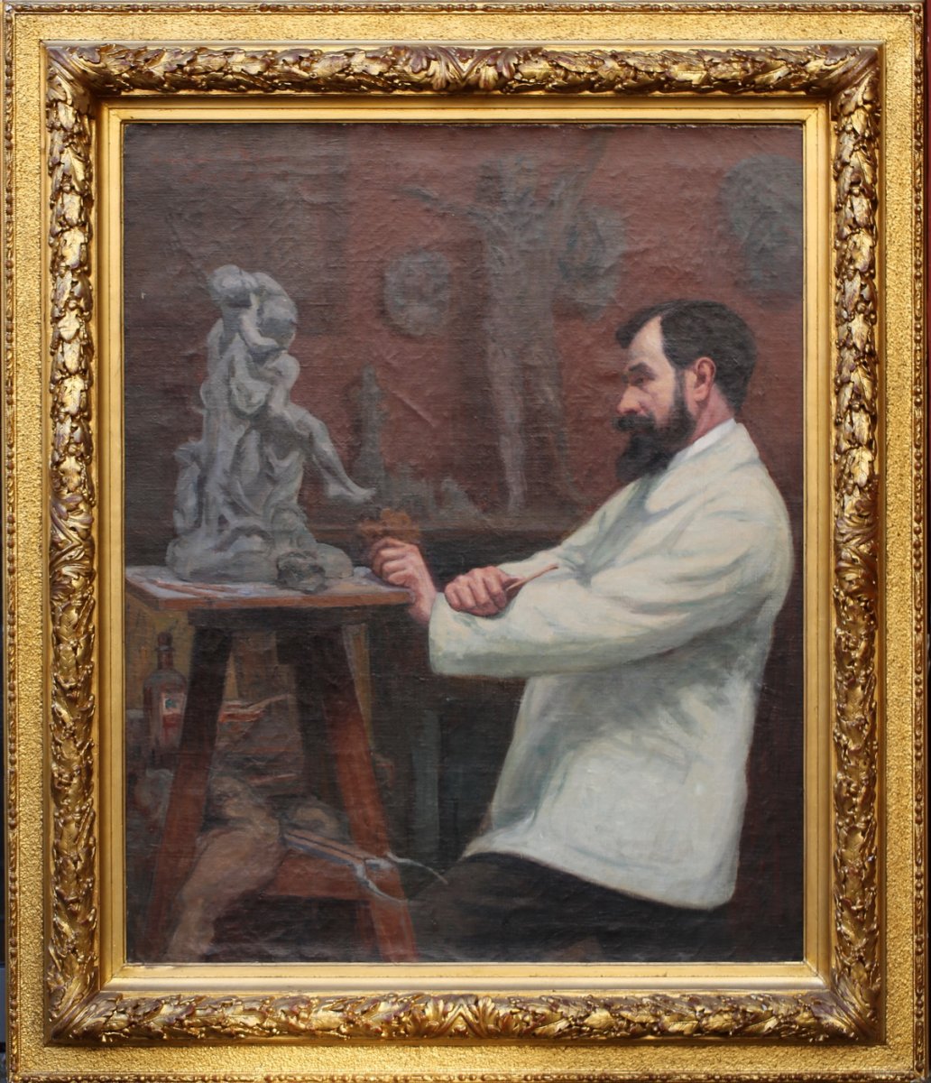 Robert Dessal Quentin(1885-1958)  Portrait Du Sculpteur Hamar Dans Son Atelier En 1914
