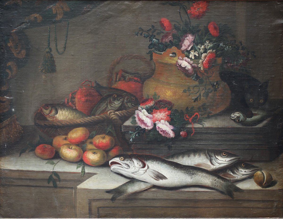 Ecole Italienne Du XVIIIème, Nature Morte Poisson, Fleurs Et Chat.-photo-2