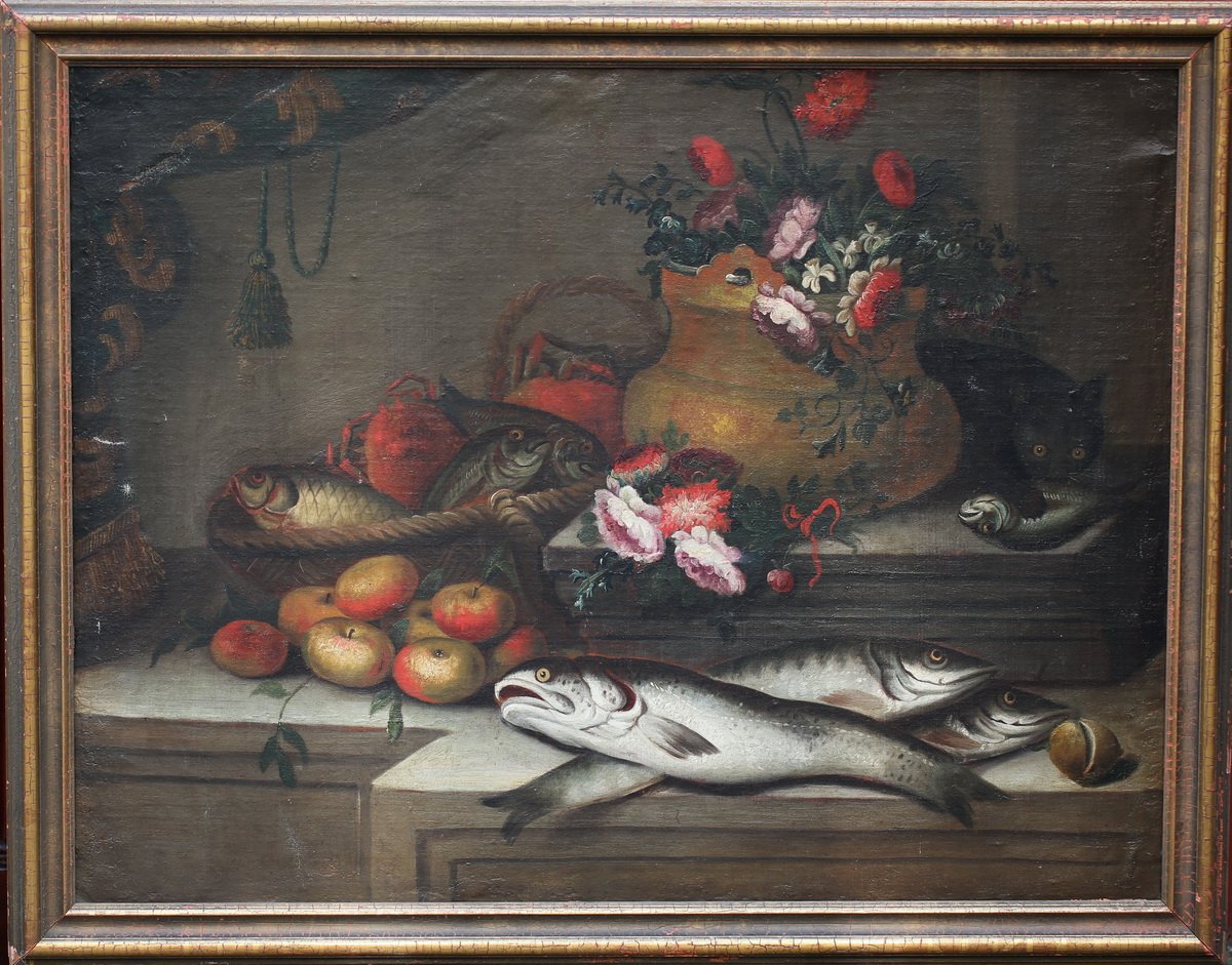 Ecole Italienne Du XVIIIème, Nature Morte Poisson, Fleurs Et Chat.