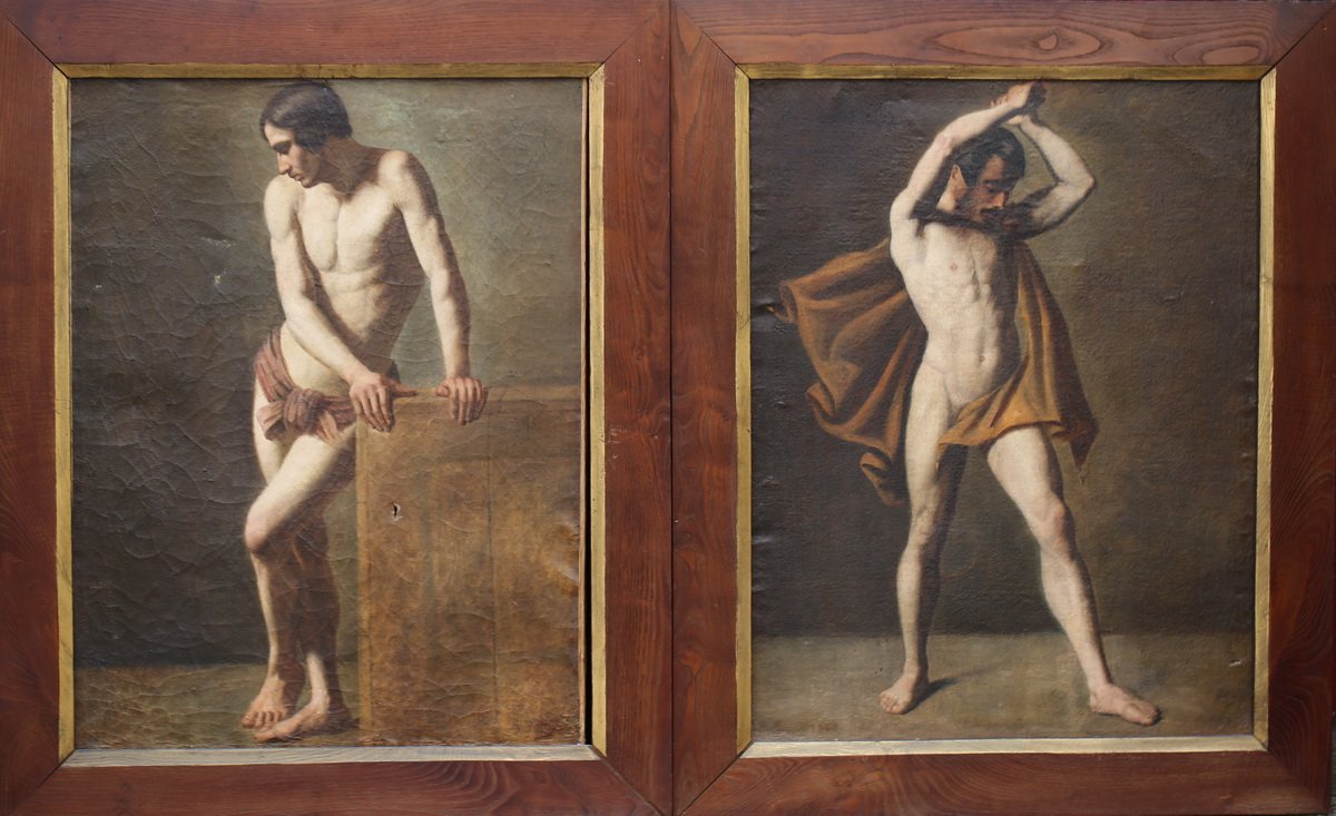 French School Around 1839, Naked Men Draped, Academic Workshop Work.