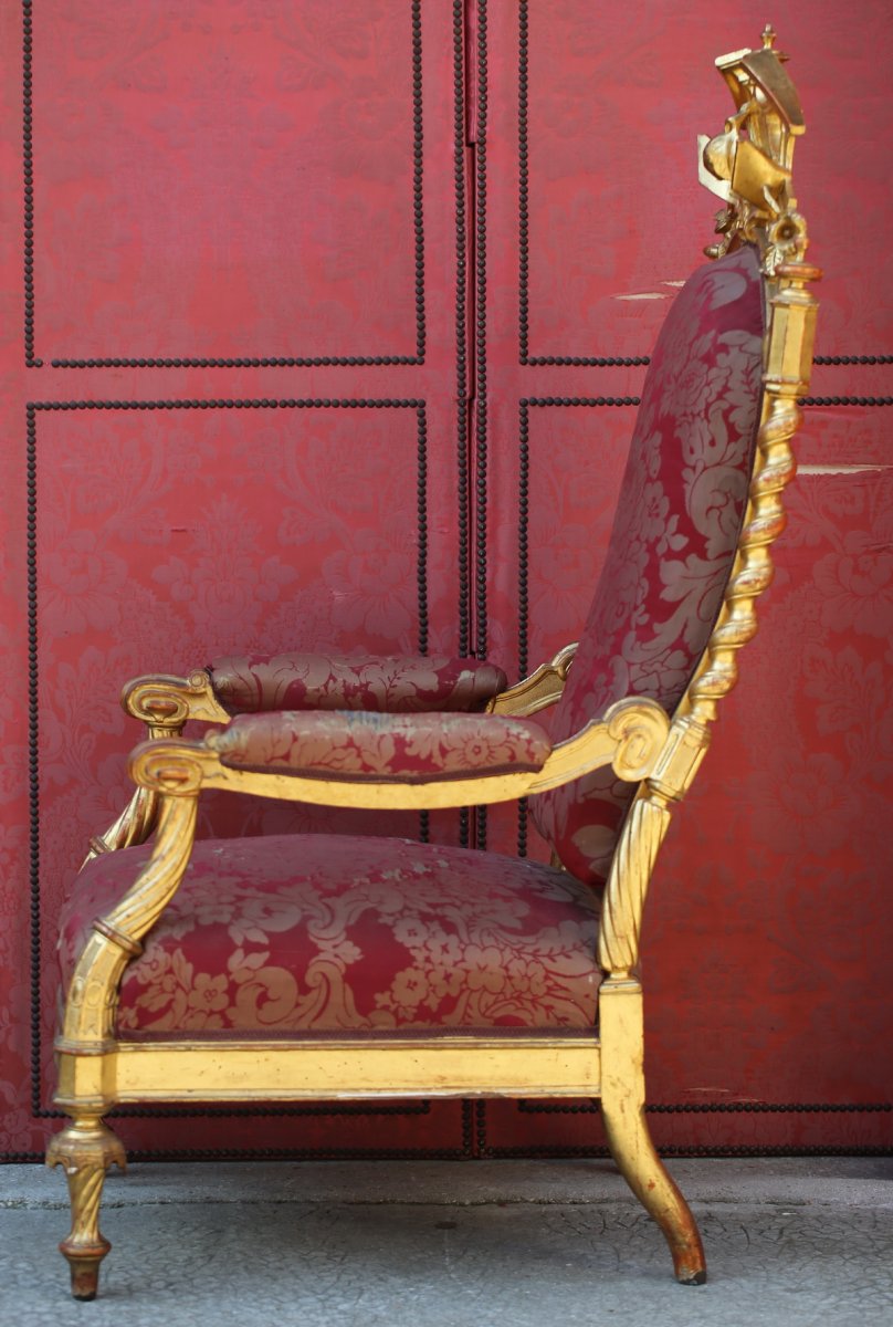 Paire De Fauteuils d'Apparat En Bois Doré, Venise Circa 1840-photo-3