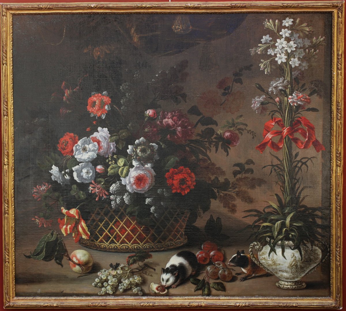 Pierre Nicolas Huilliot 1674-1751 Attributed To, Still Life With Flowers And Guinea Pigs.