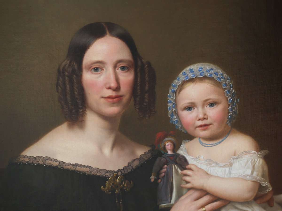 Basile De Loose 1809-1885 Portrait Of Young Woman And Her Daughter In 1845-photo-3