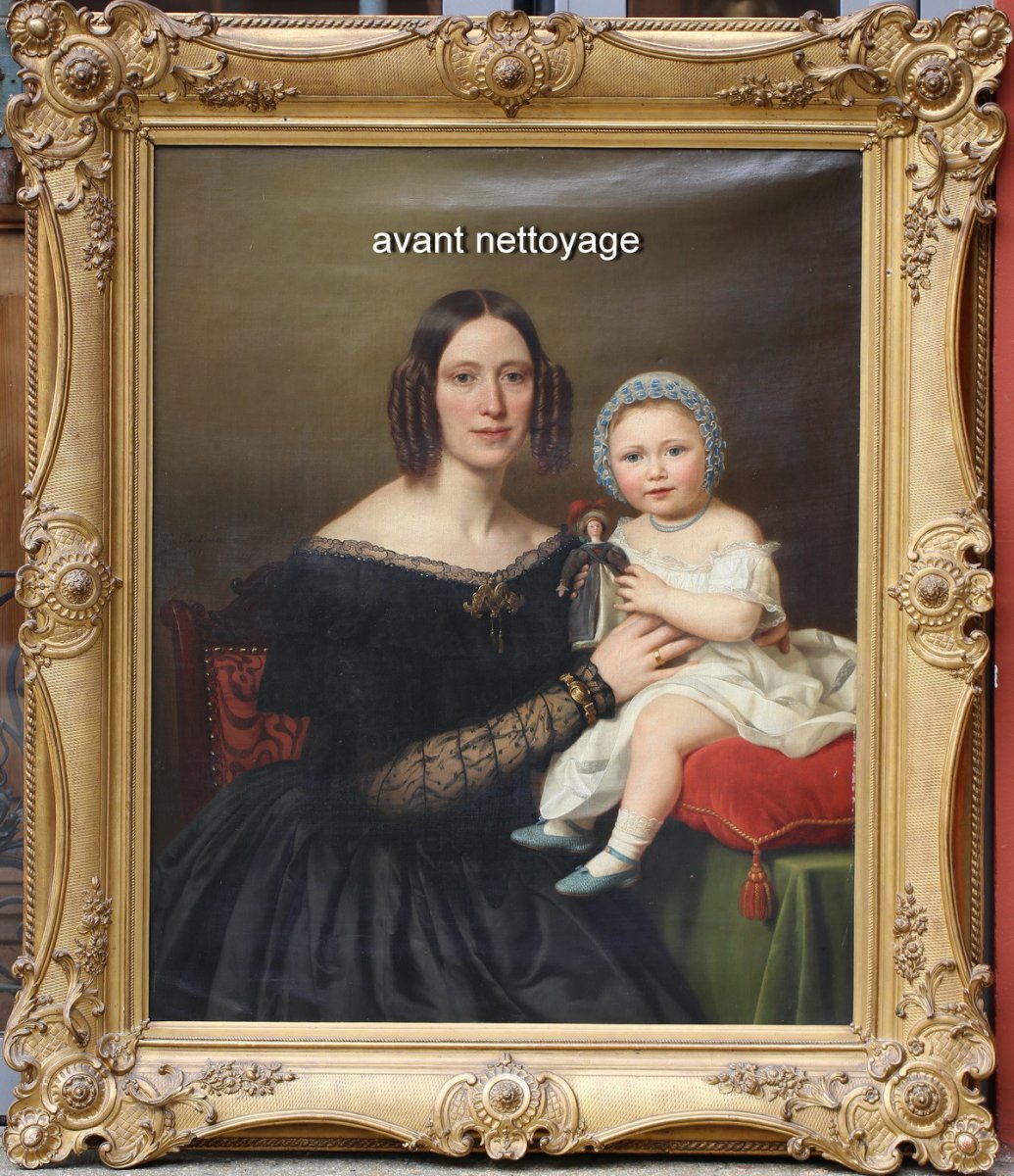 Basile De Loose 1809-1885 Portrait Of Young Woman And Her Daughter In 1845-photo-1